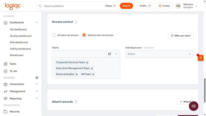 Access control with All users can access, Specify who can access, Teams, Individual users and Who can view.