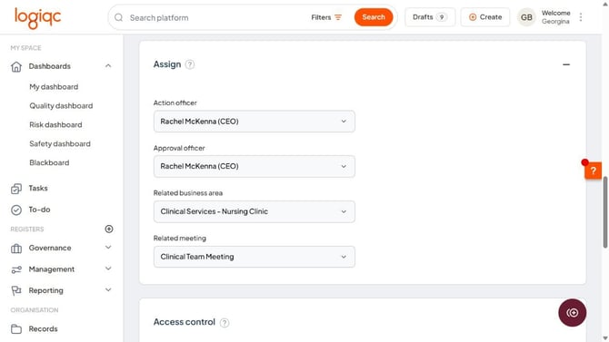 Assign section showing Action officer, Approval officer, Related business area and Related meeting.