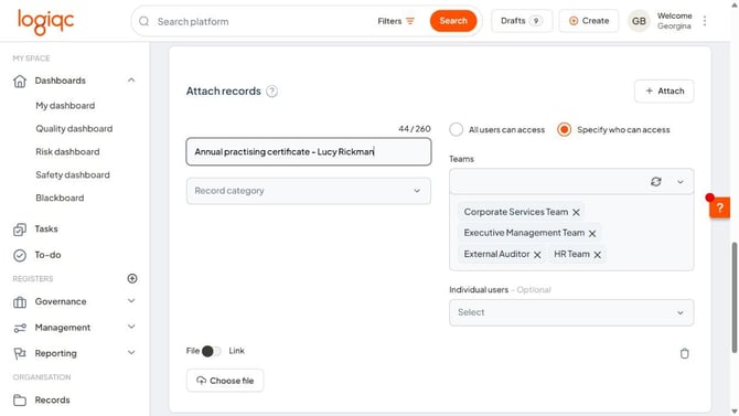 Attach records showing a meaningful record name, category, access settings, File or Link and Choose file.