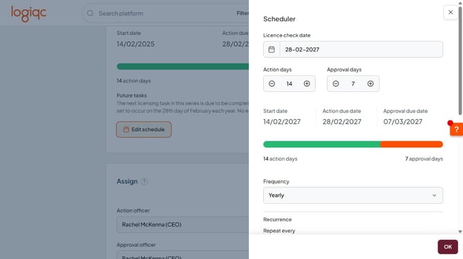 Scheduler showing Licence check date, Action days and Approval days, with the calculated deadlines.