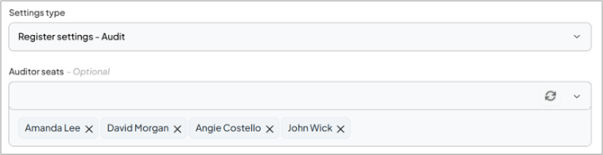 Audit register settings panel showing the Auditor seats control with assigned users