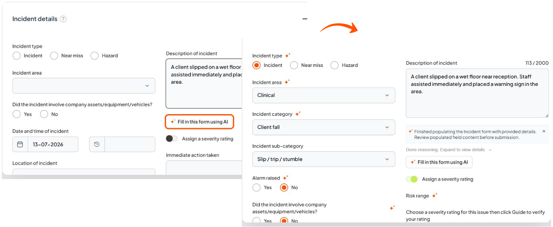 Incident Details form showing the AI fill-in button