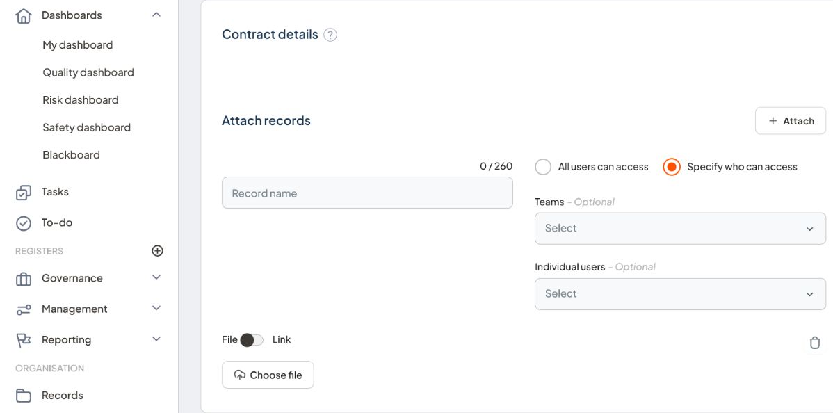 Current Attach records section with access controls for an attached record