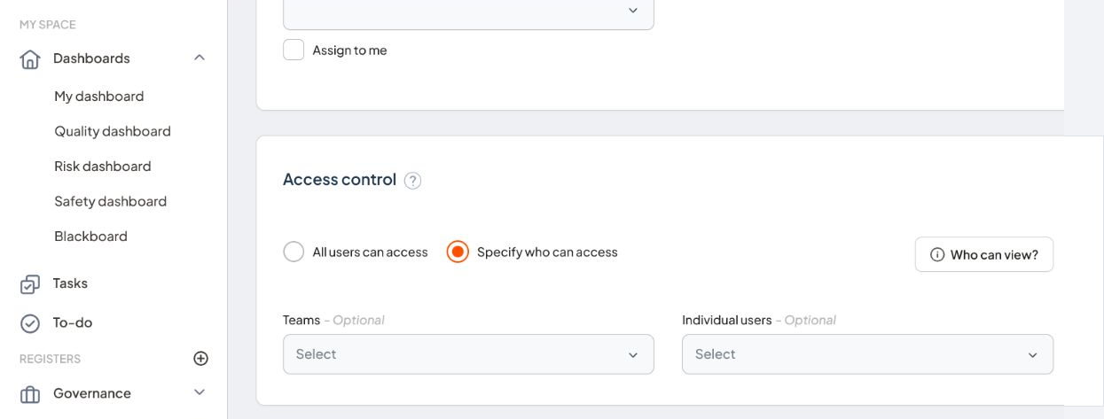 Access control component with Specify who can access selected and team and individual user fields visible