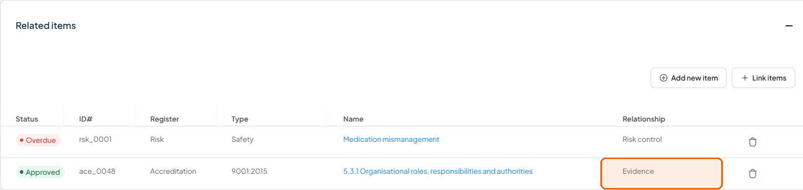 The Related items tab on a source item showing an Accreditation link with the Evidence relationship