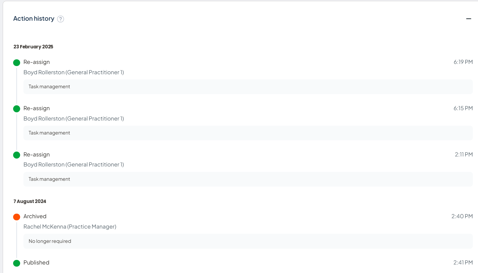 Action history section showing the commentary by the assigned officers at each stage of the workflow
