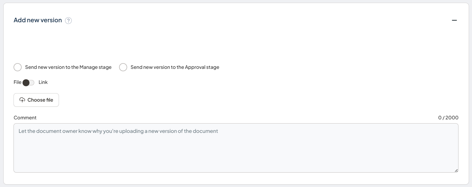 The Add new version component showing the Send new version to the Manage stage and Send new version to the Approval stage options
