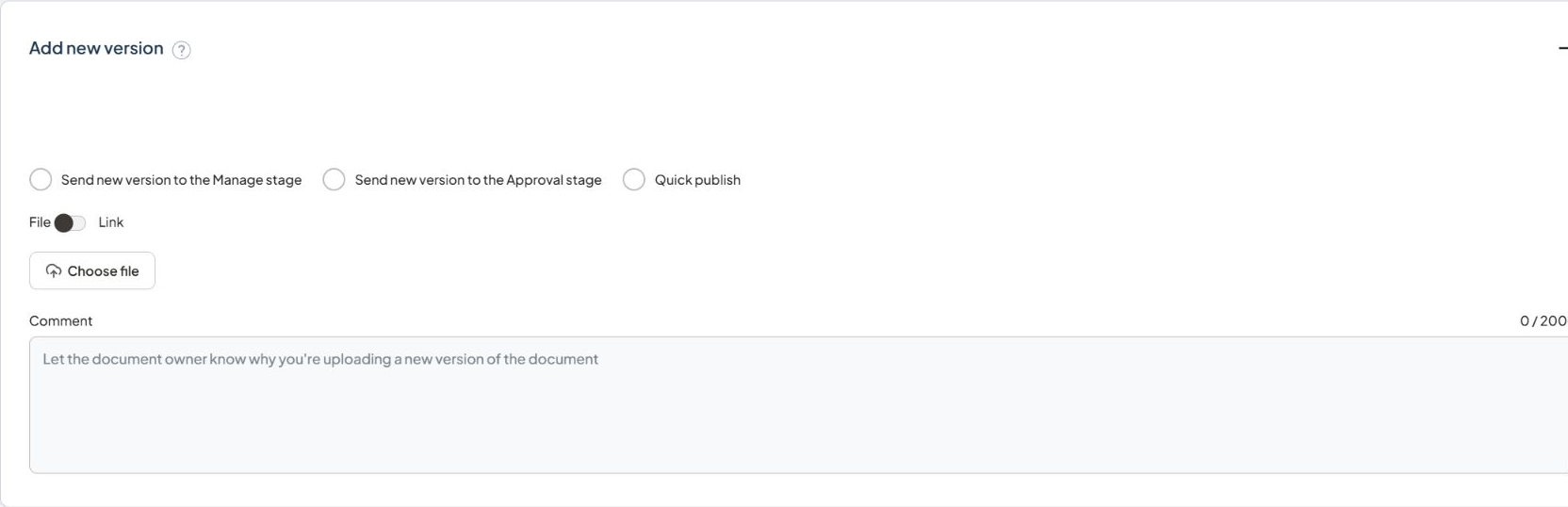 Document Add new version section showing Manage, Approval and Quick publish options, File and Link controls, Choose file and Comment