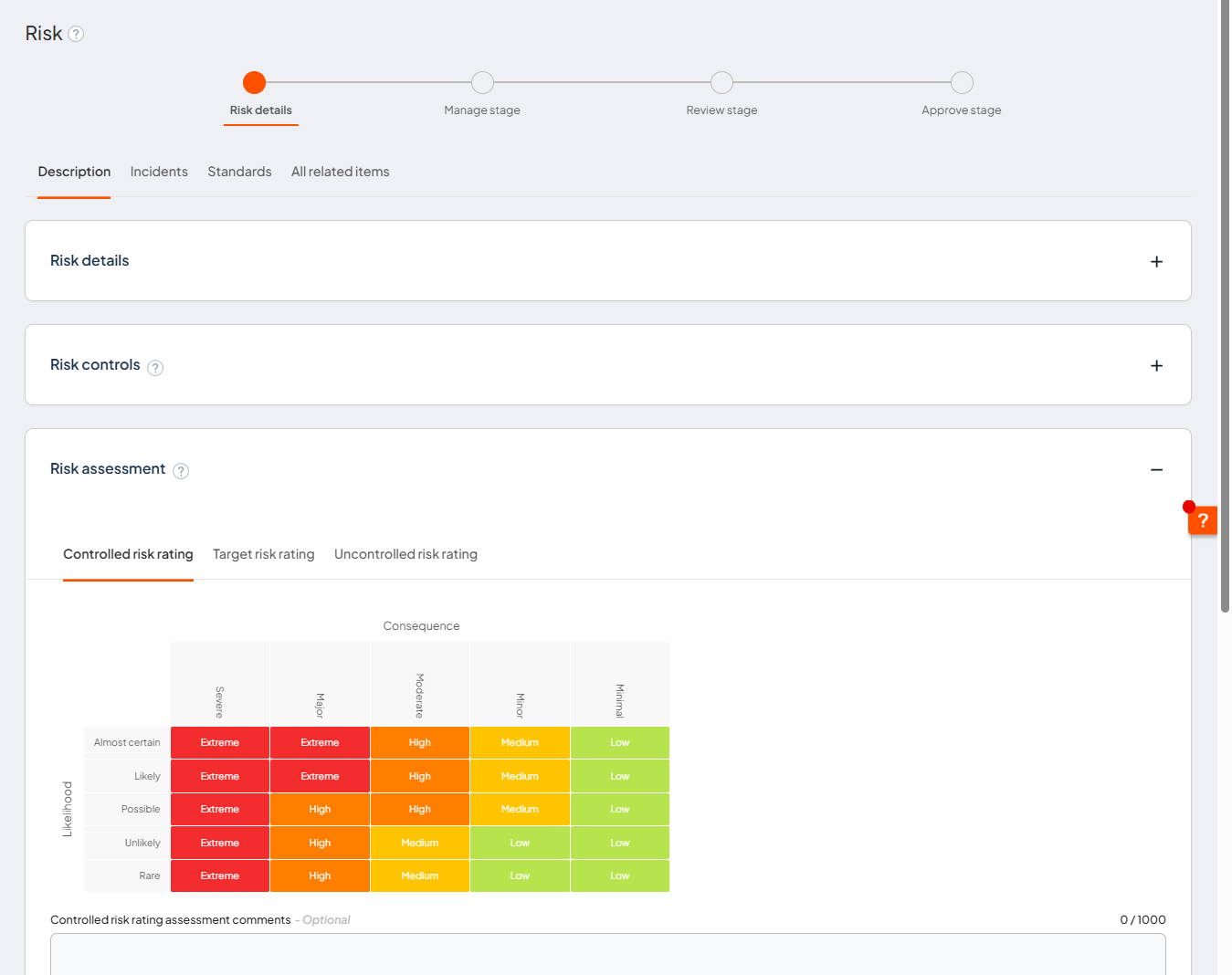 Risk assessment with Controlled, Target and Uncontrolled risk rating tabs