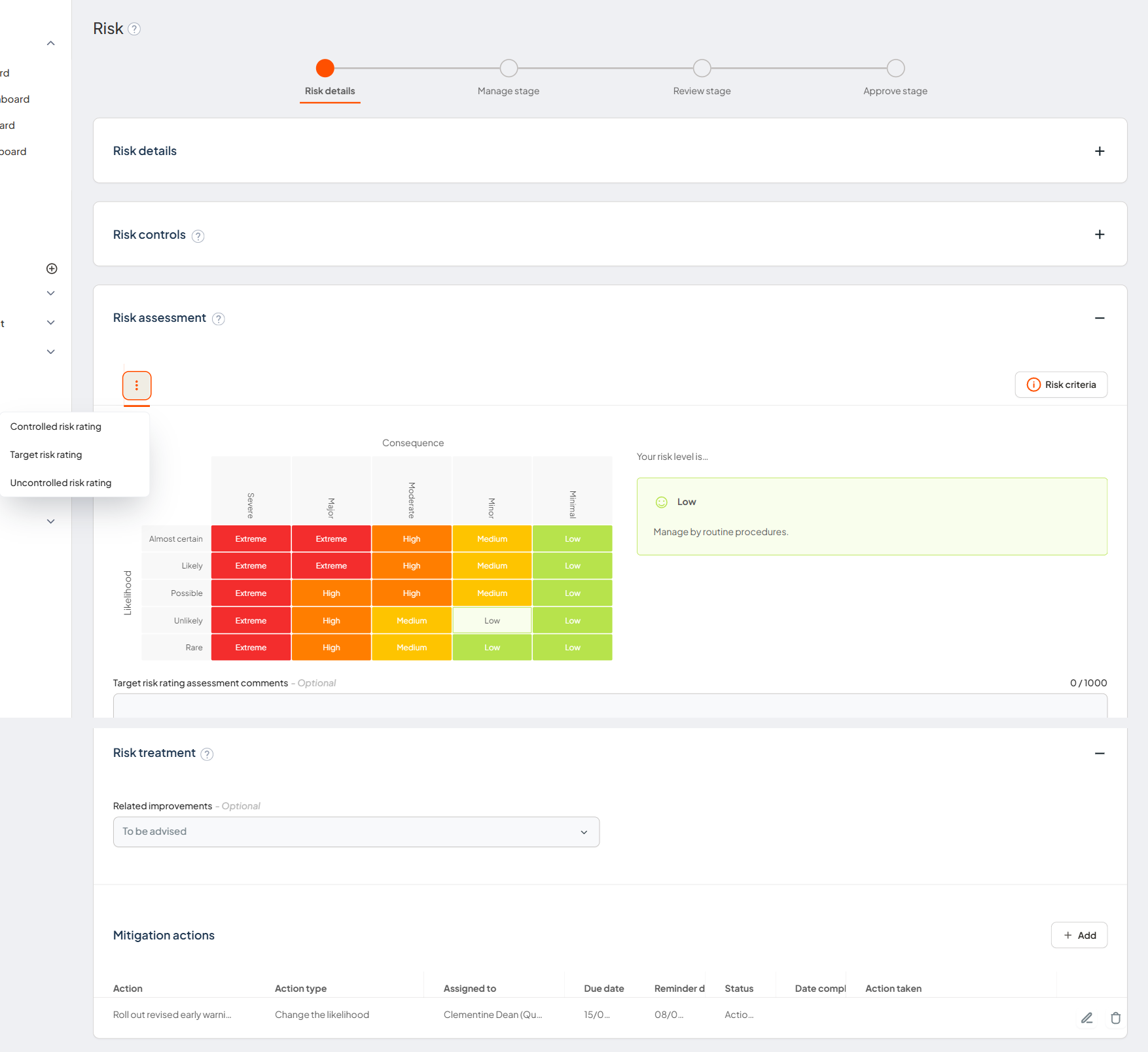 The Risk assessment section showing uncontrolled, controlled, and target ratings