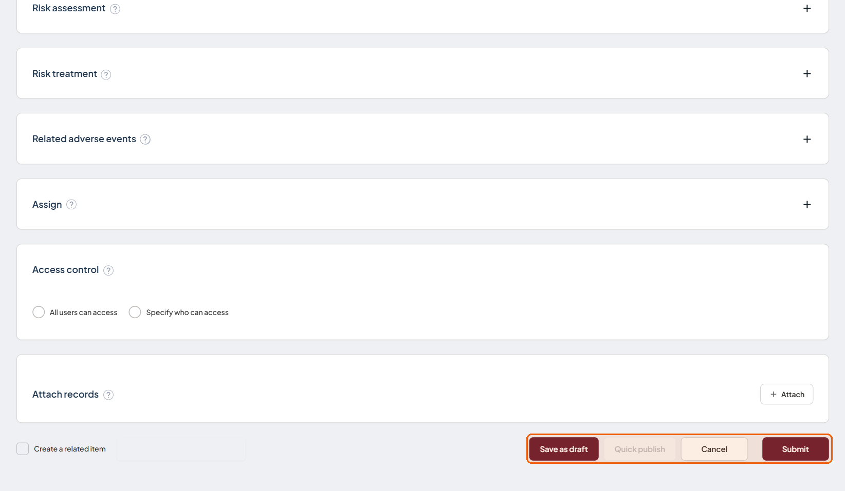 The Assign section with Risk manager, Risk owner, and Submit options
