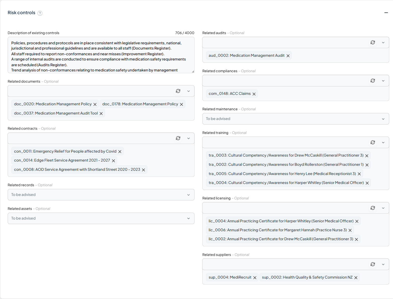 The Risk controls section with linked register items