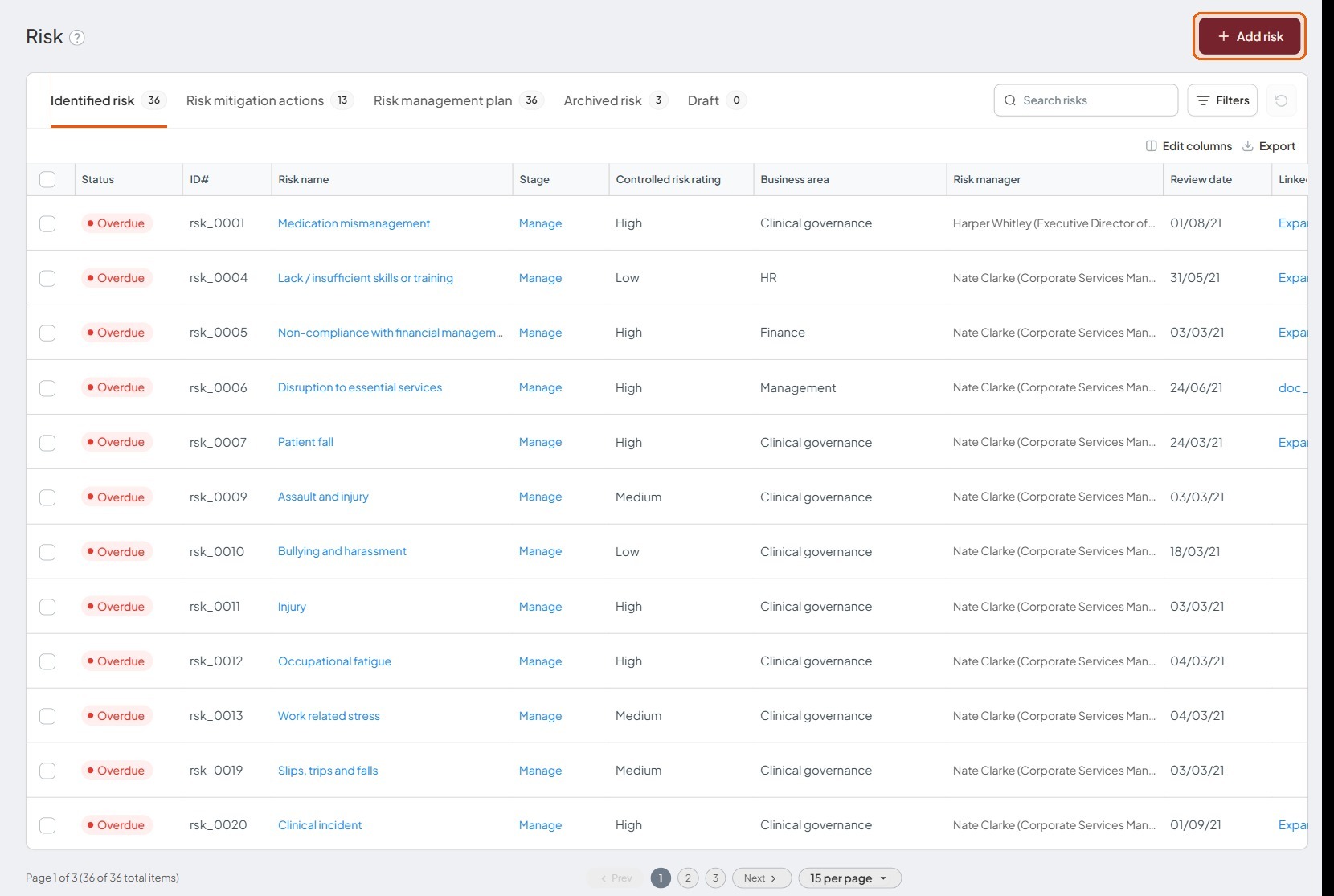 The Risk register with the + Add risk button at the top right