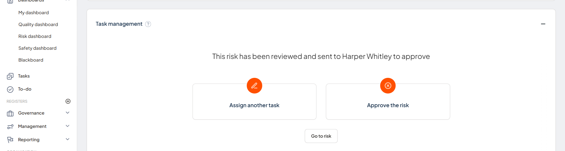 Task management showing the available Approve risk task options