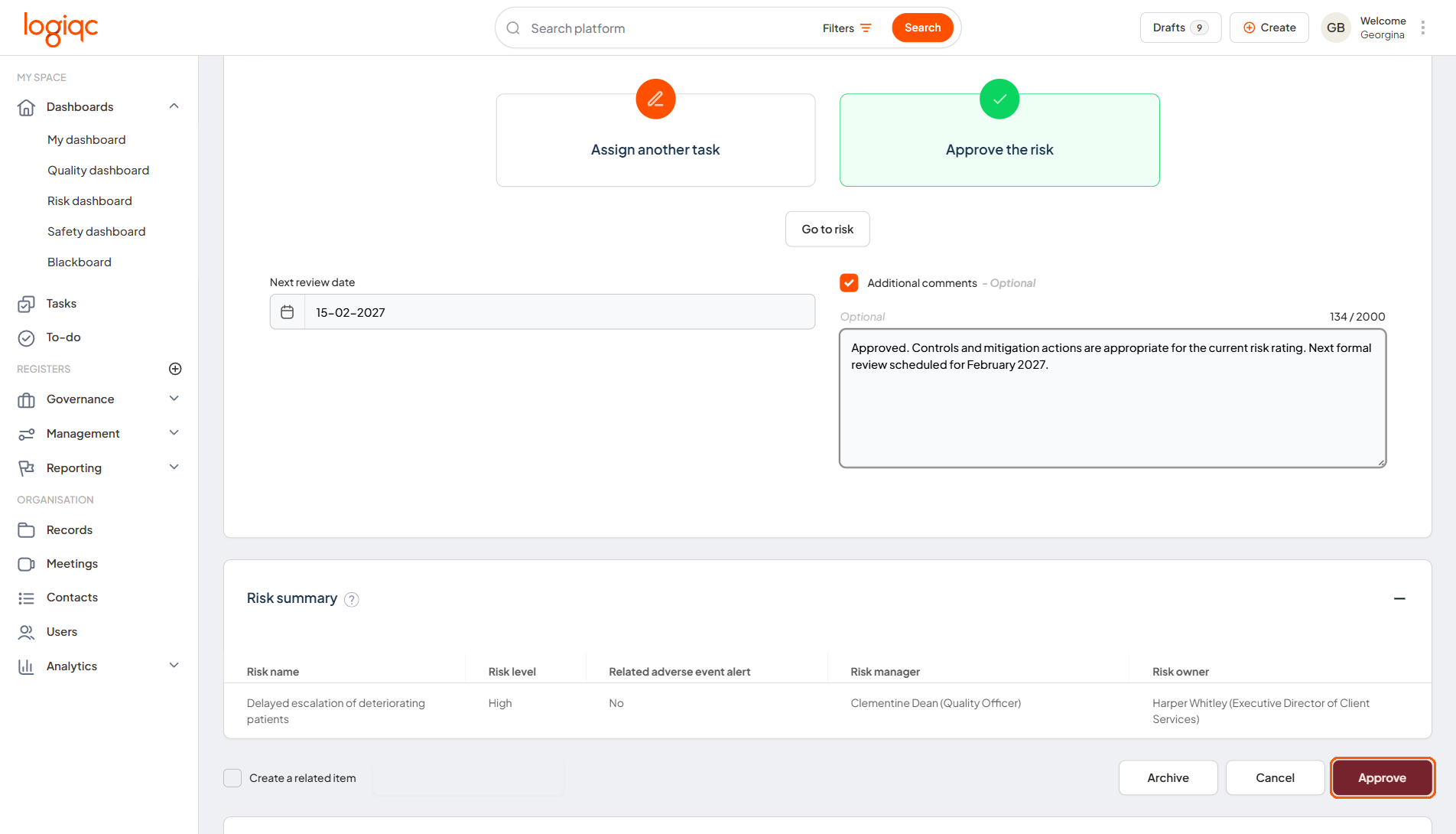 Approve risk fields with the optional Create a related item checkbox and Approve button