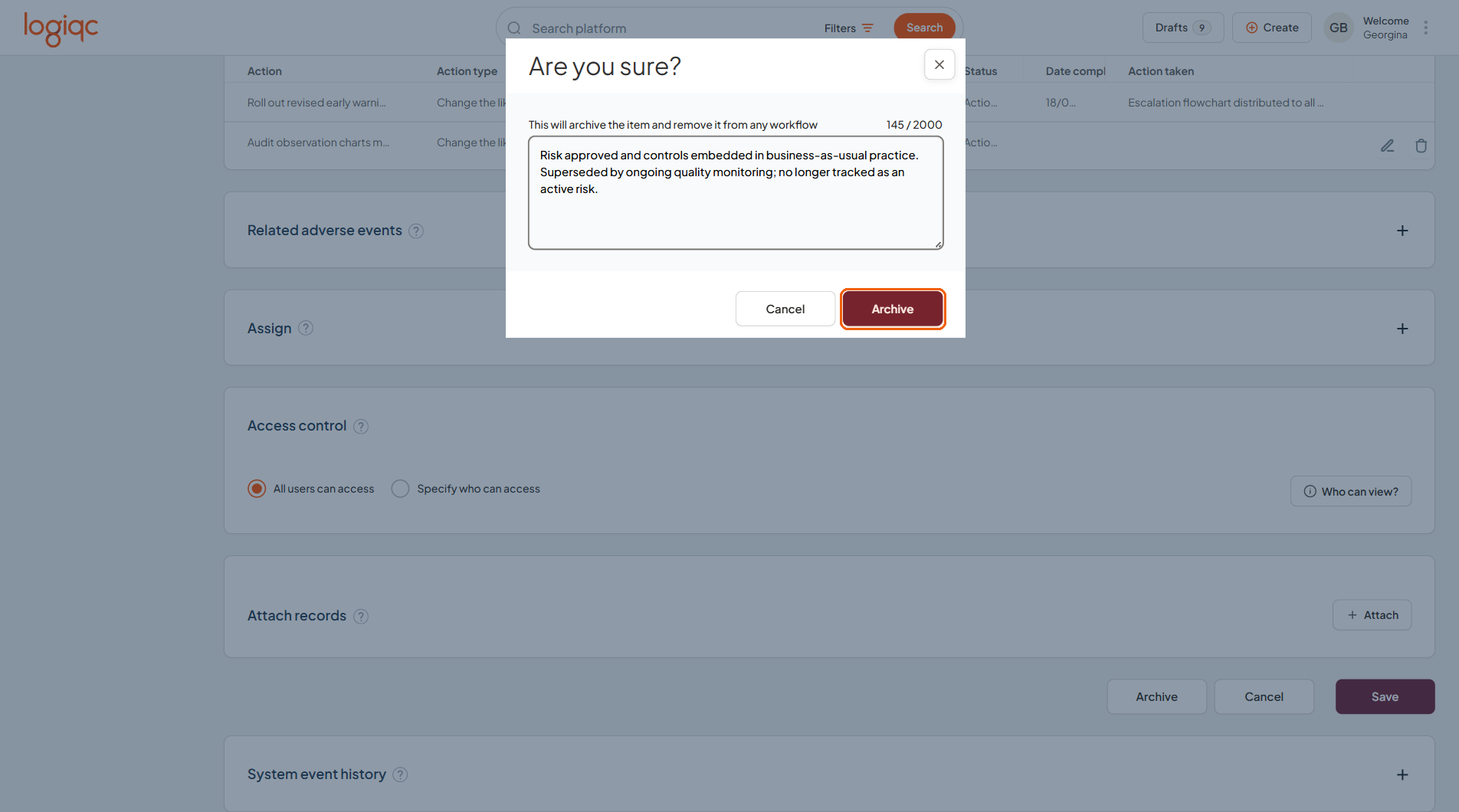 The Are you sure dialog with an archive reason and final Archive action