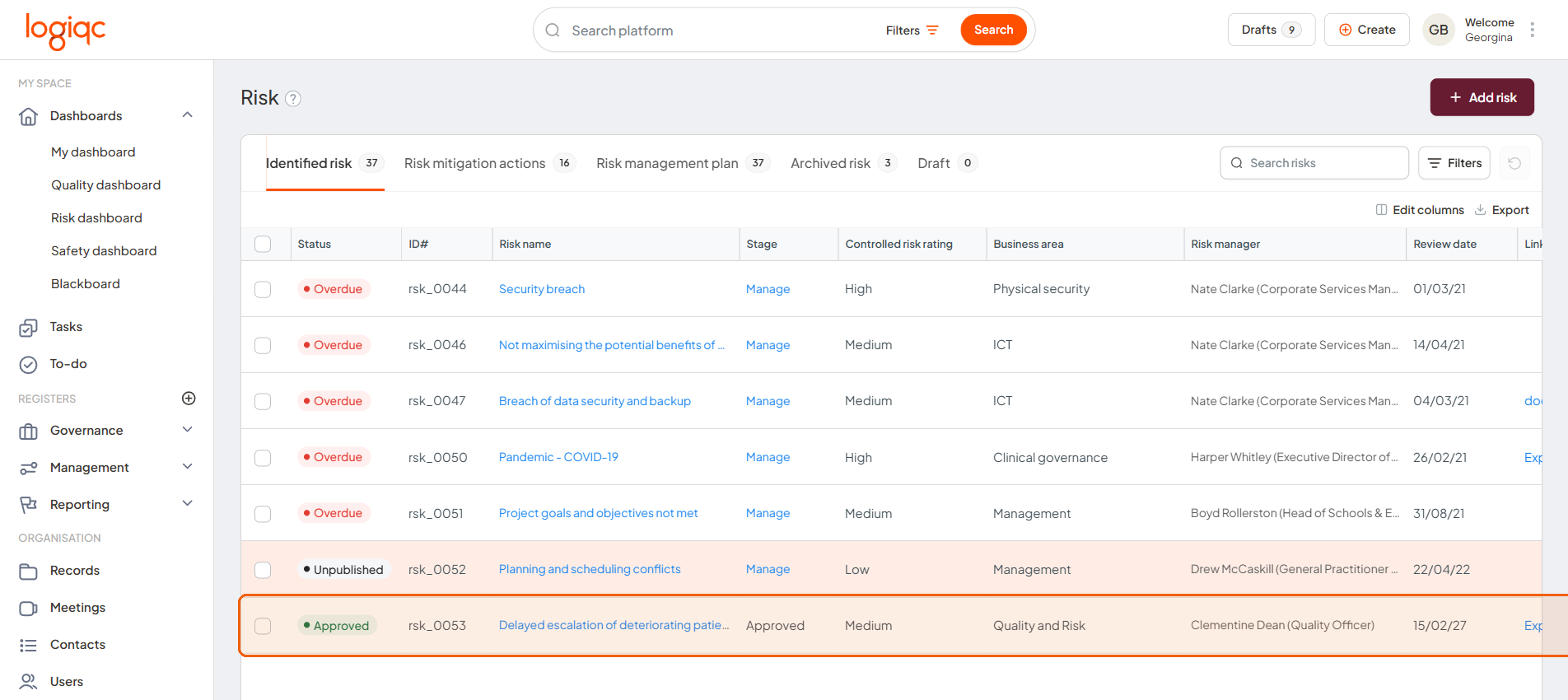 A risk open in the Risk register before archiving