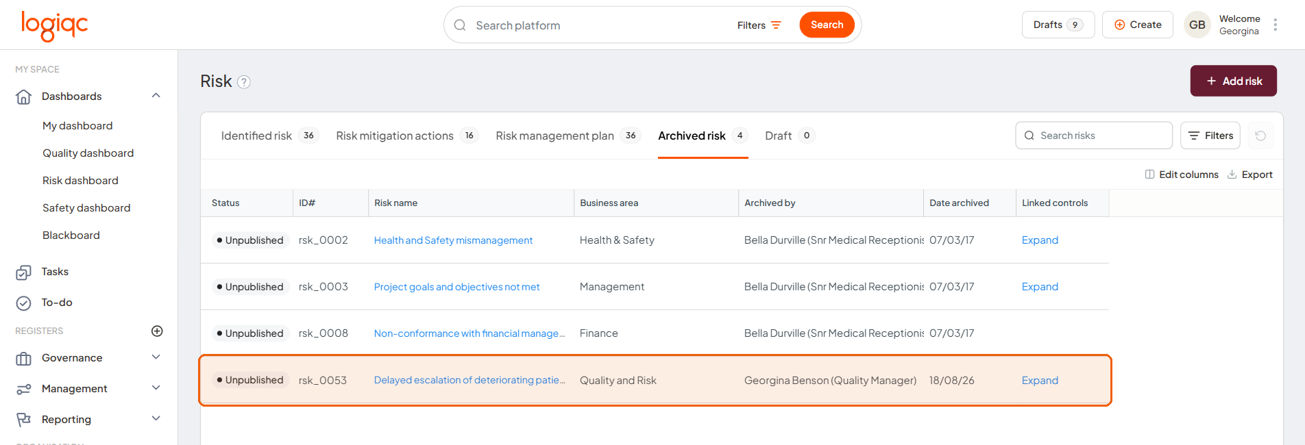The Archived risk tab showing the risk after archiving