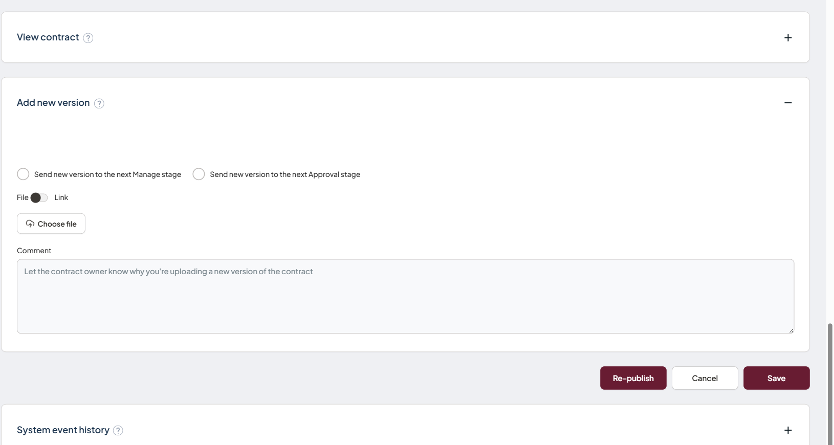 An archived contract open at the details page, showing the Re-publish and Add new version controls