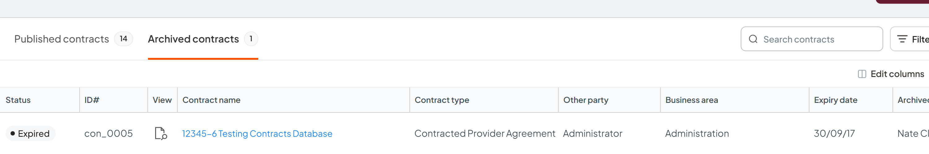 Contracts register showing the Archived contracts tab