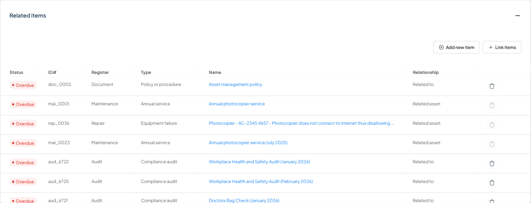 Asset record showing the Related items tab with Add new item and Link items buttons