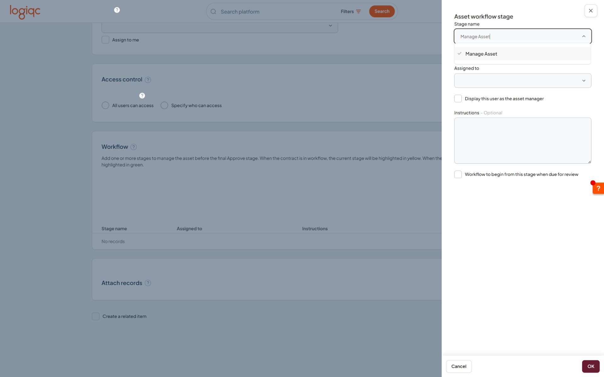 Asset workflow stage panel showing the Stage name, Assigned to, Asset manager, Instructions, and review workflow options
