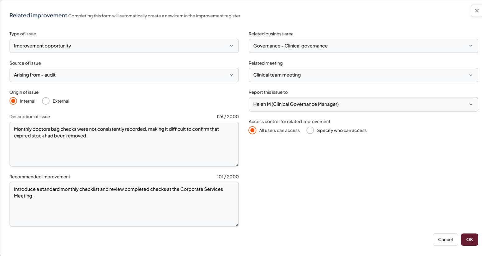 Filled Related improvement page showing an improvement opportunity, audit source, internal origin, assignment, and access fields