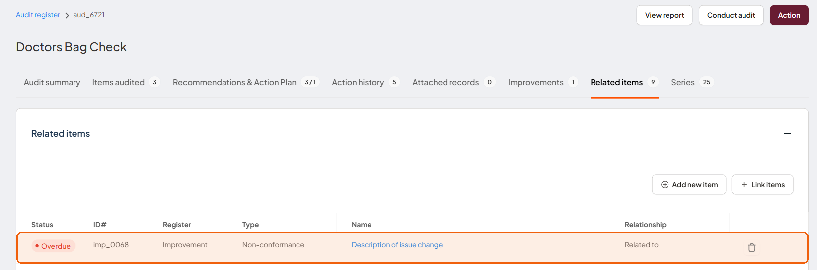 Audit Related items tab showing a linked improvement created from Identified issues and improvements