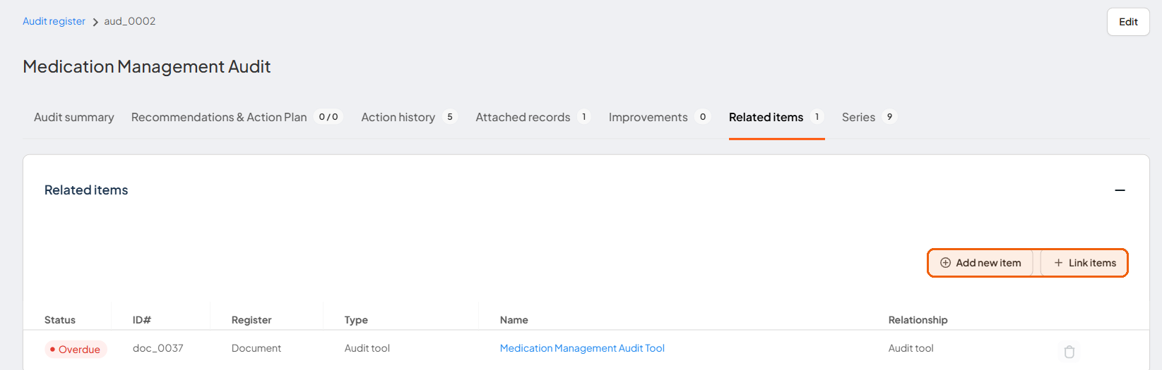 Audit Related items tab showing Add new item, Link items, and a linked audit-tool document