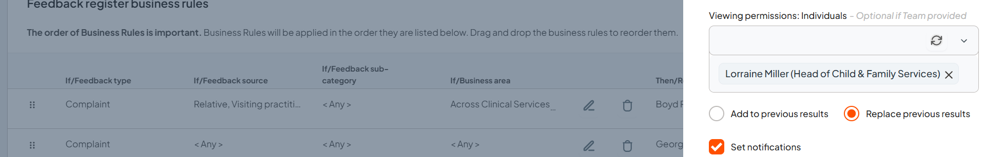 Add to previous results and Replace previous results options shown beside a 'Then' action field