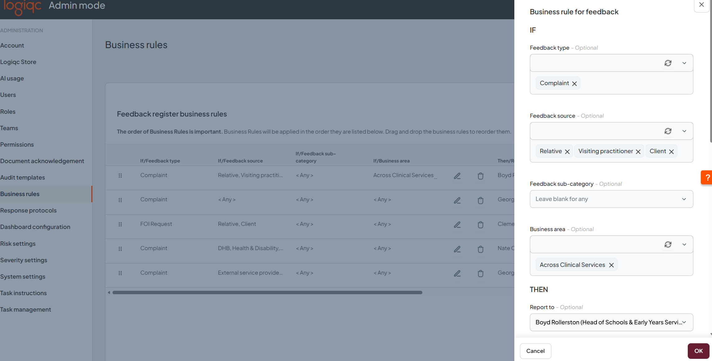 'If' conditions panel showing incident type, area, sub-category, severity rating, and business area fields