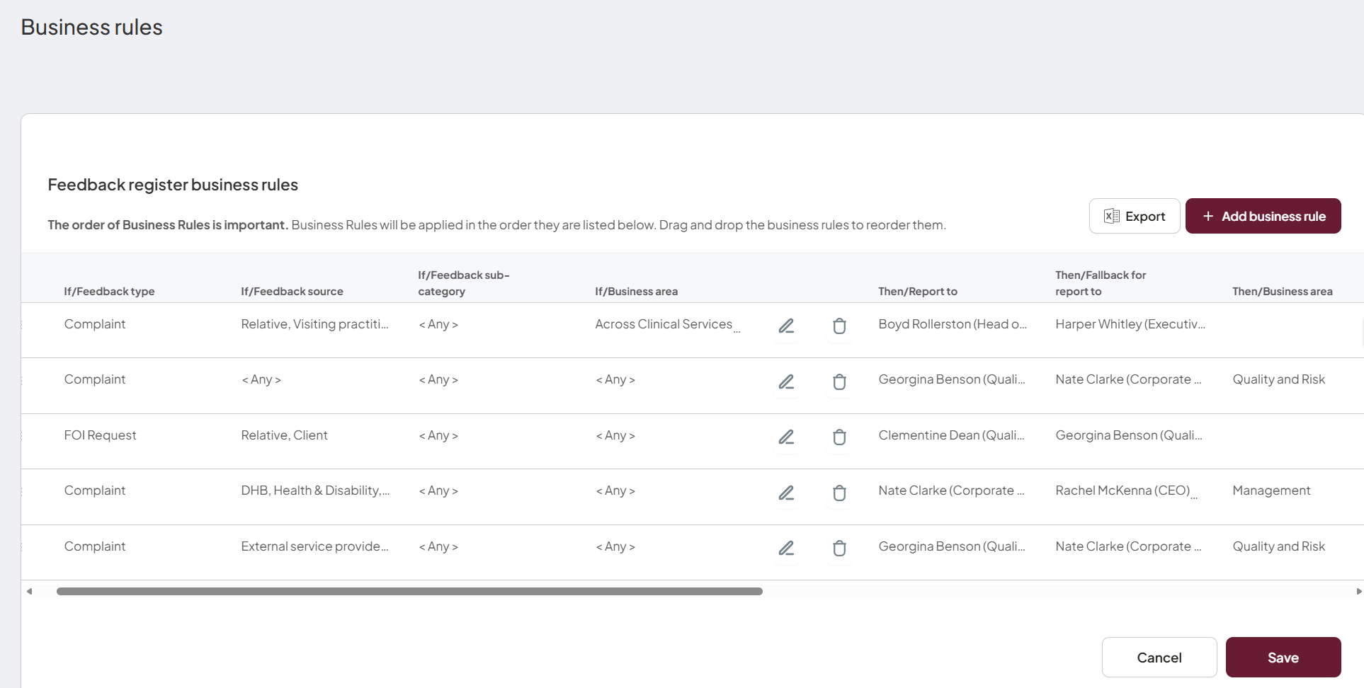 Feedback register Business rules page with the + Add business rule button highlighted