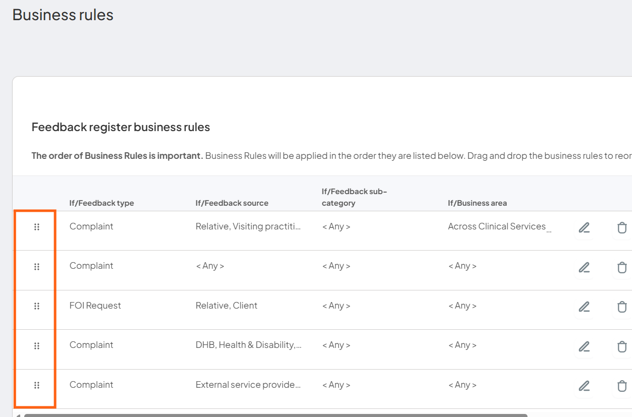 Business rules list showing the drag handle used to reorder rules