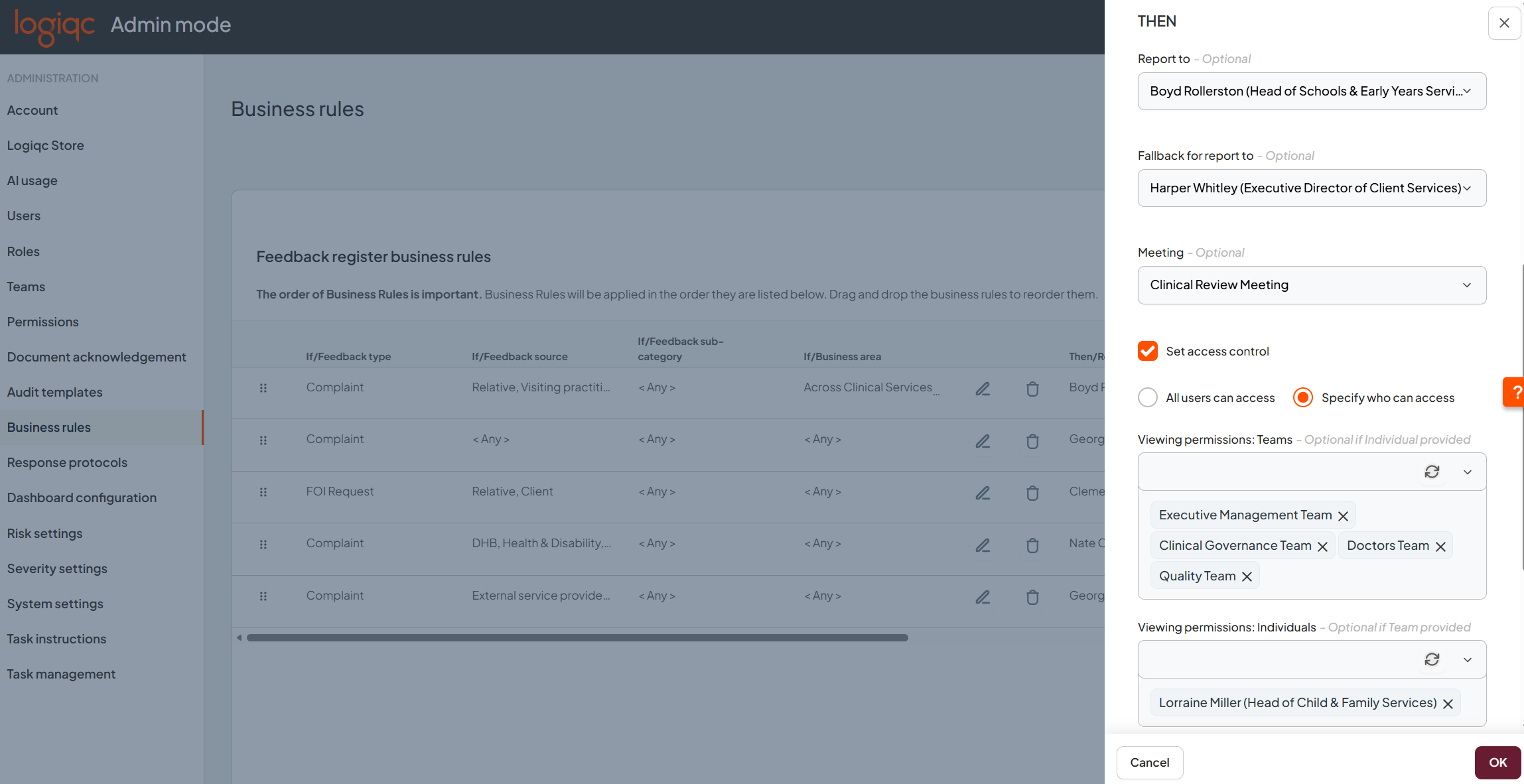 'Then' actions panel showing report destination, related meeting, business area, access control, and notification fields