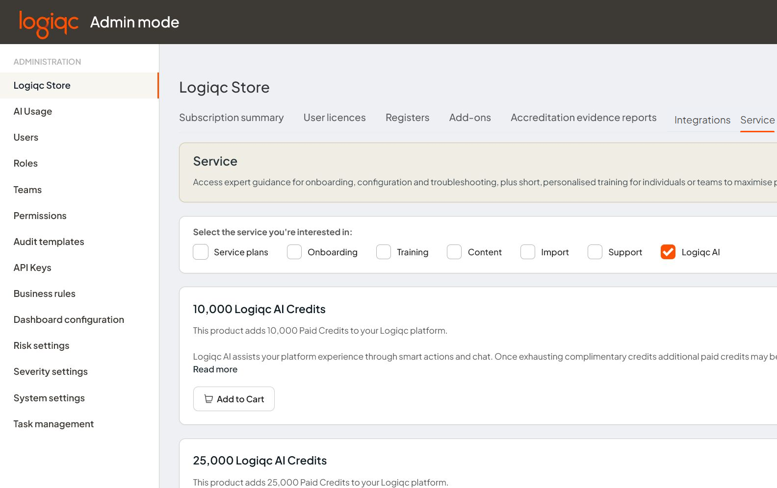 AI Usage page showing the Buy more credits entry point and the Store tab it opens