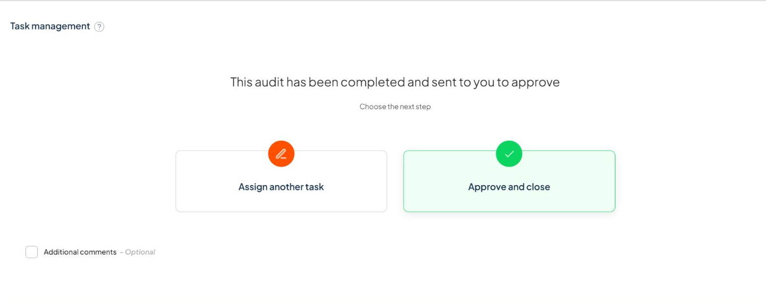 Audit Close stage showing Approve and close selected with Additional comments