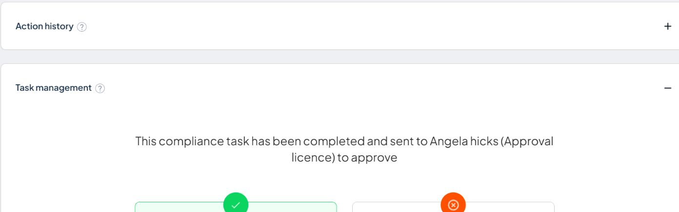 Compliance task Action history in the Close stage showing Action taken and task creation events
