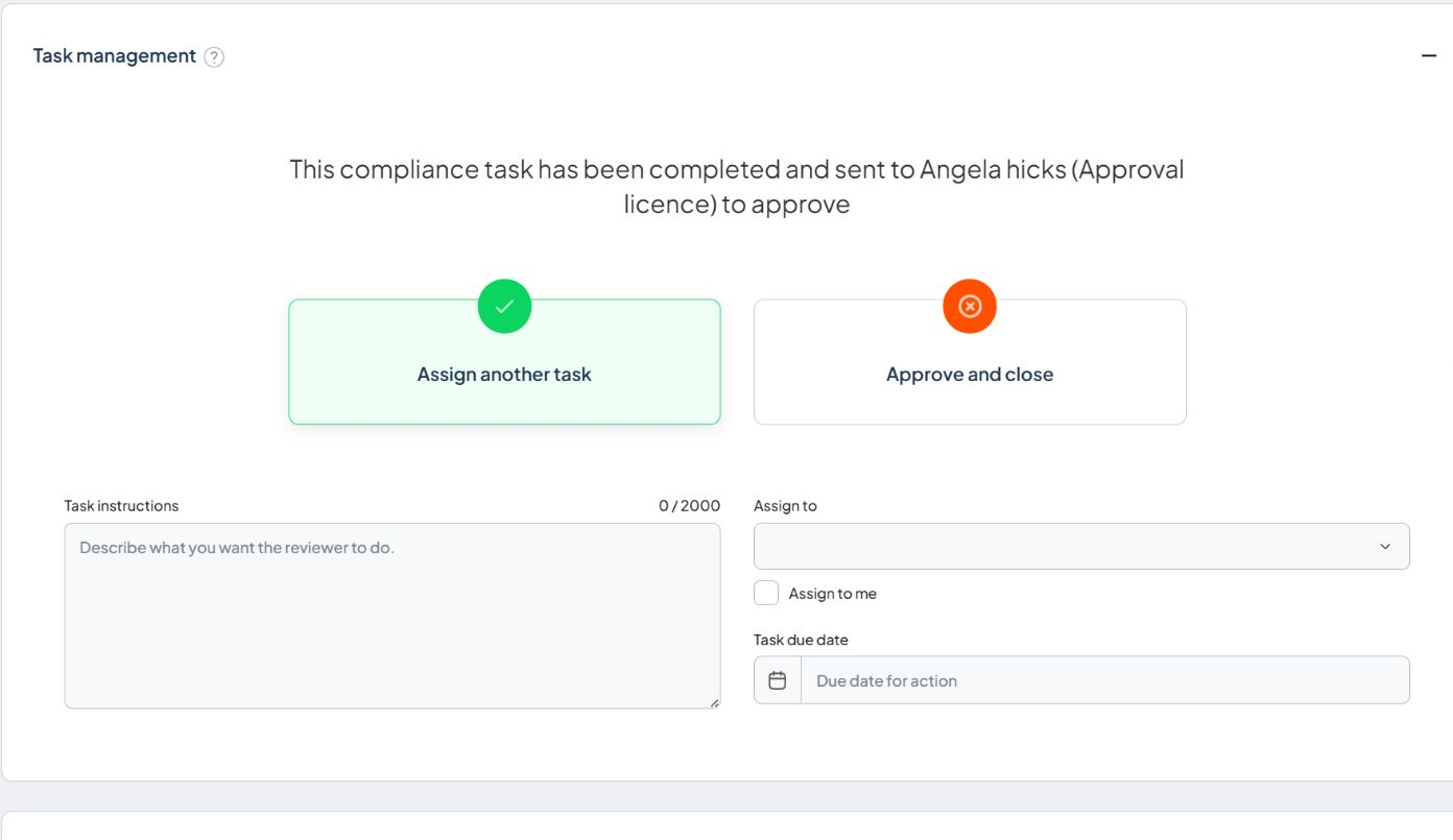 Assign another task selected with Task instructions, Assign to and Task due date fields