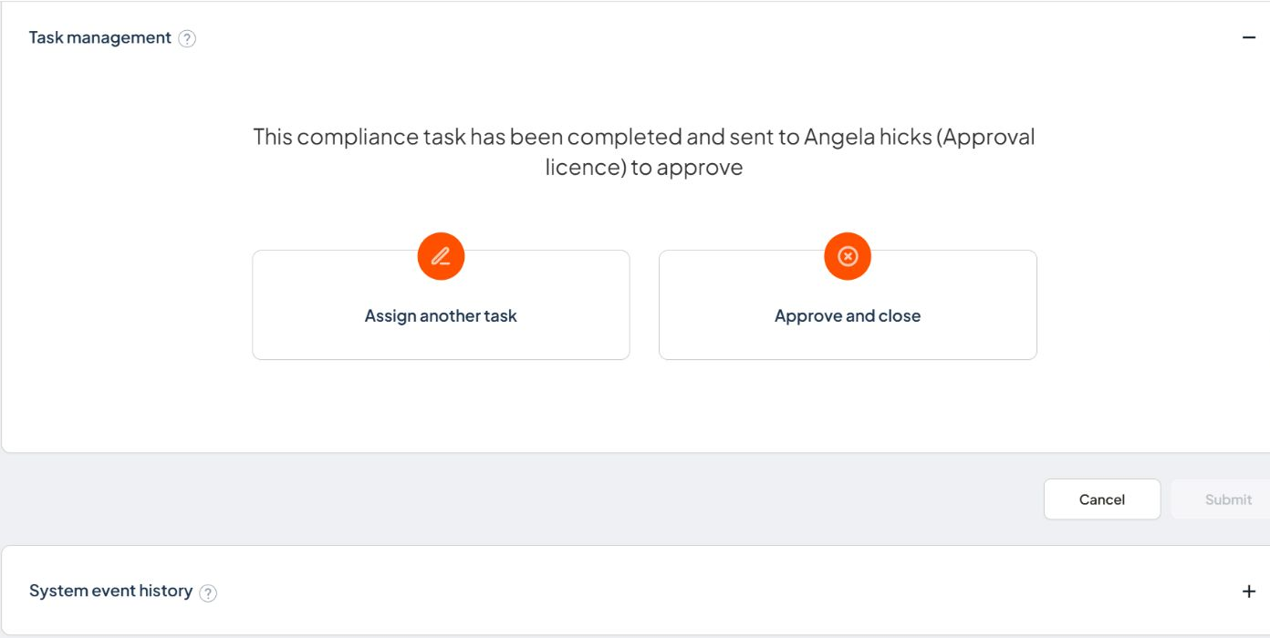 Compliance Close stage showing Assign another task and Approve and close options