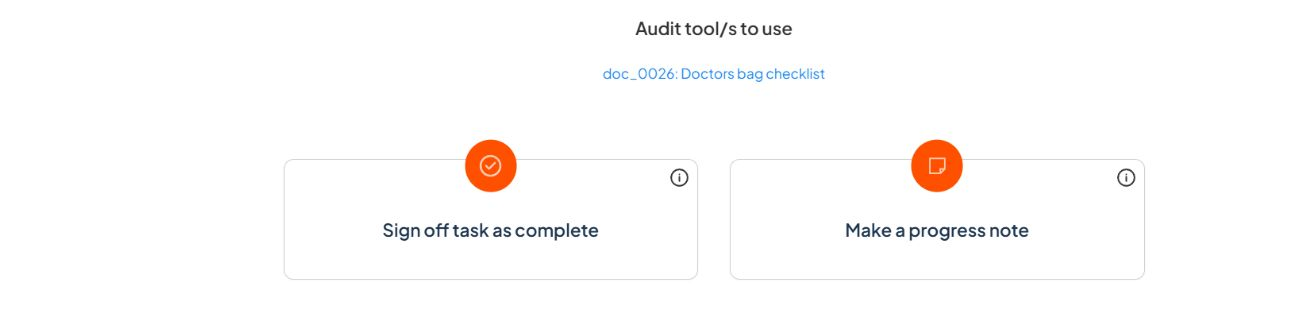 Standard Audit Action stage showing the Sign off task as complete and Make a progress note options