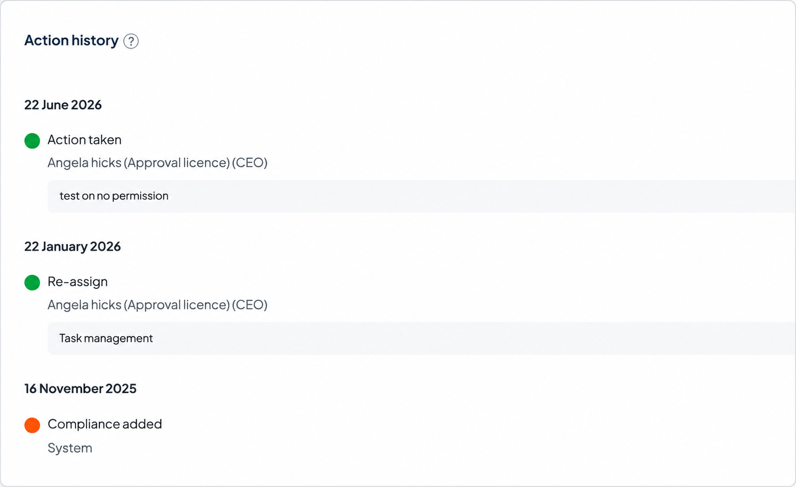 Compliance task in the Action stage showing its assignment and Action history