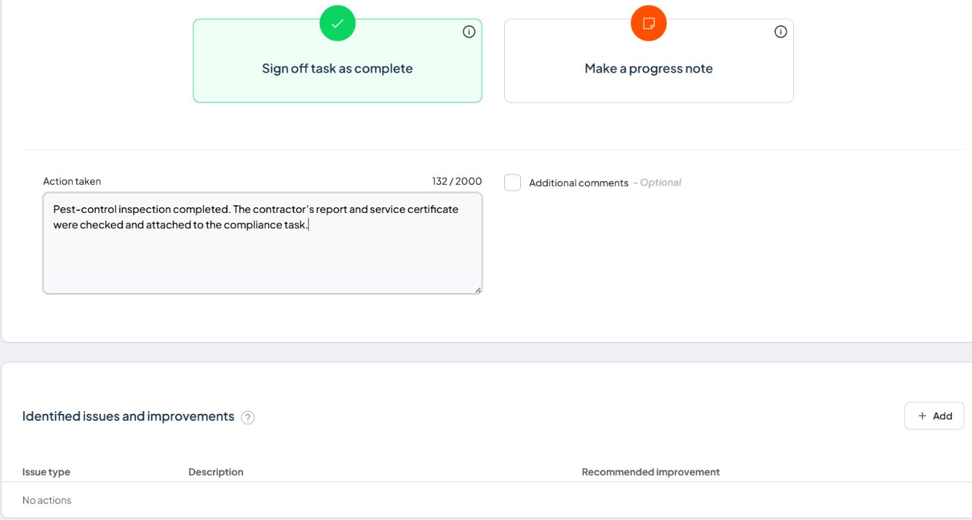 Compliance task with Sign off task as complete selected and a filled Action taken example