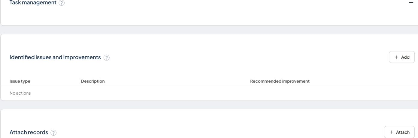 Identified issues and improvements, Attach records, Create a related item, Cancel and Submit controls
