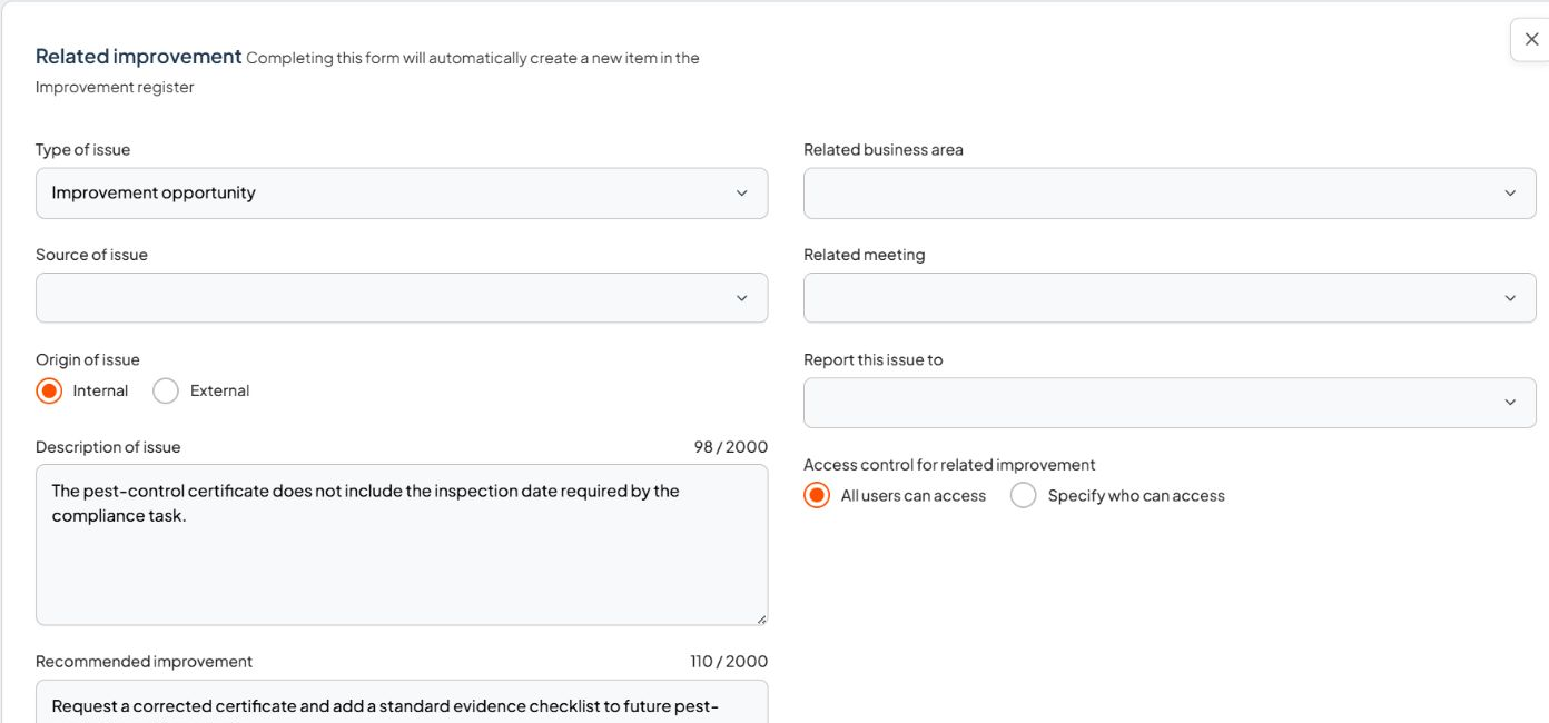 Filled Related improvement form with issue type, origin, description, recommendation and access control