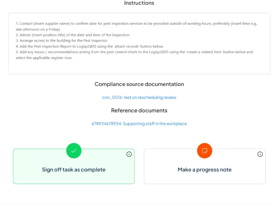 Compliance task options Sign off task as complete and Make a progress note