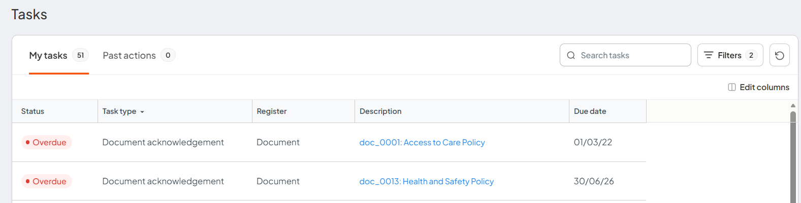 A Document Acknowledgement task in the task list