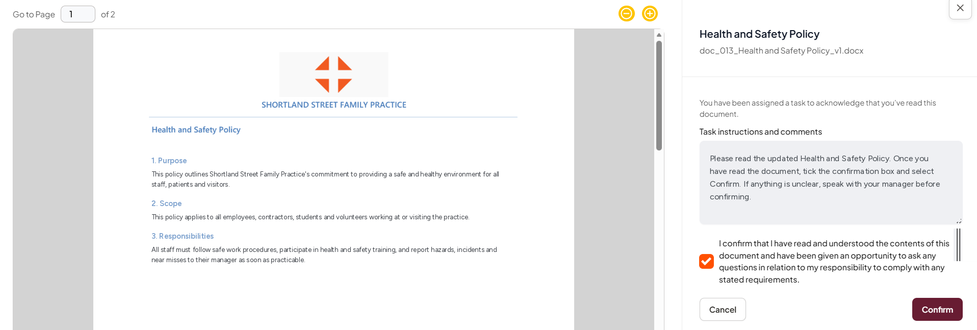 Document preview with the acknowledgement check box and Confirm button
