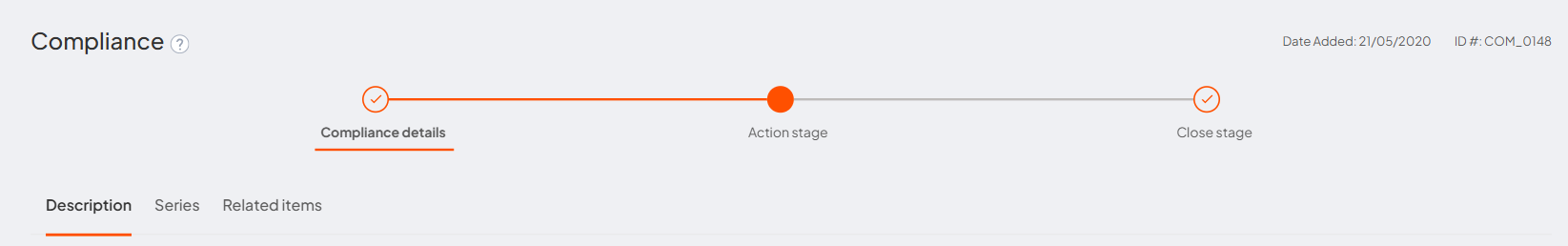 Compliance task showing the workflow stages and Description, Series, and Related items tabs