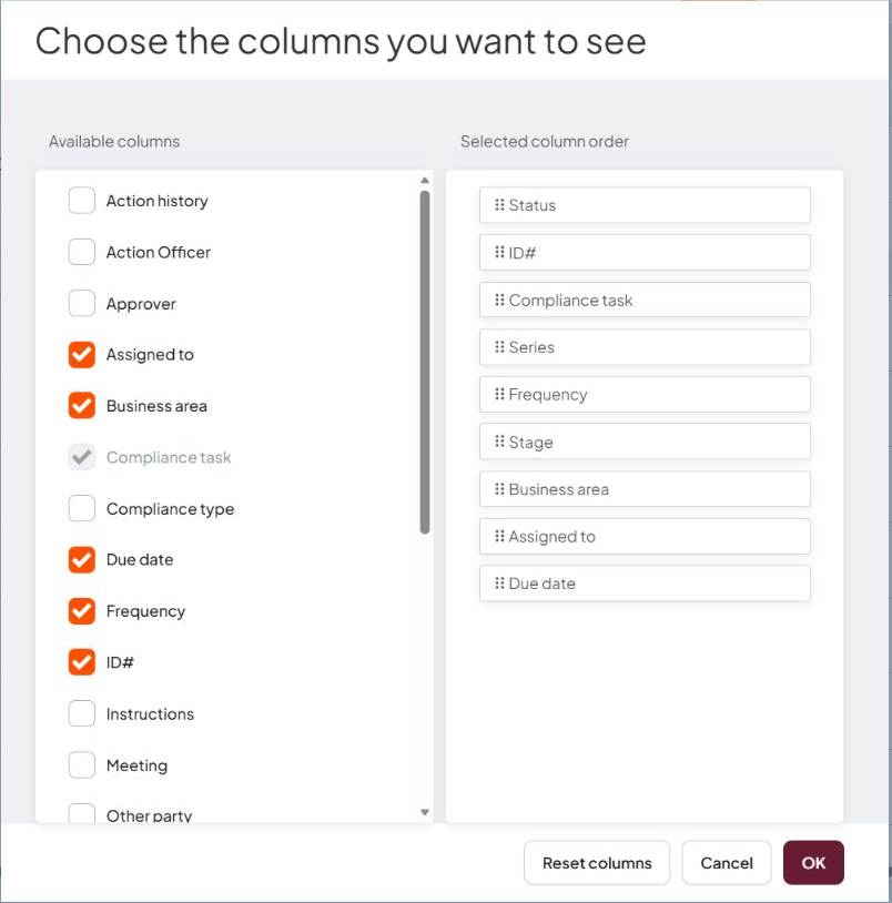 Choose the columns you want to see dialog for the Compliance register