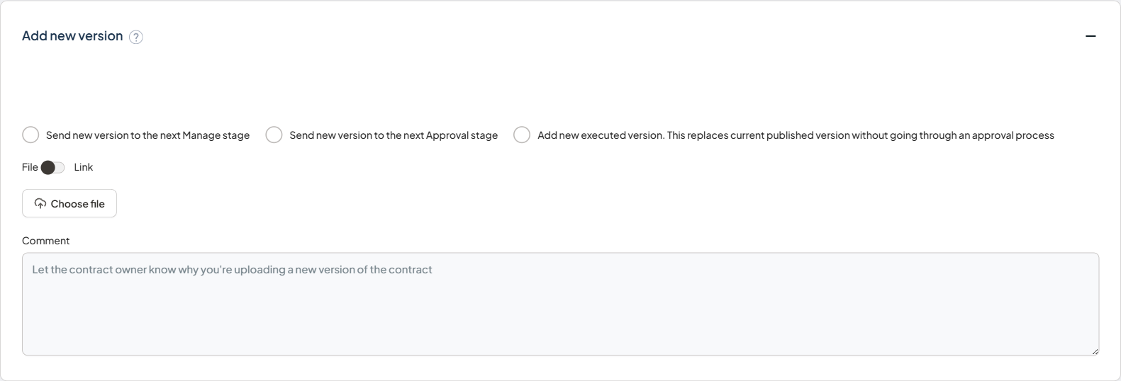 Add new version component showing the options to send the new version to the Manage stage, the Approval stage, or Quick publish